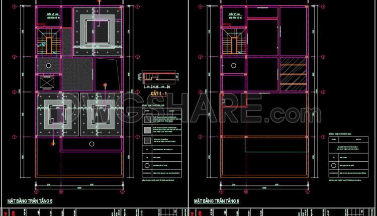 84. Detailed CAD drawings of the ceiling and floor for a 5-story residential house