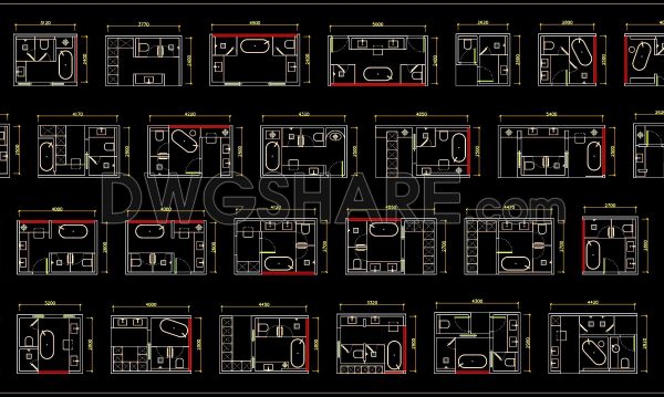205. CAD blocks of layout plans for the functionality of bathrooms and sanitation areas for the house
