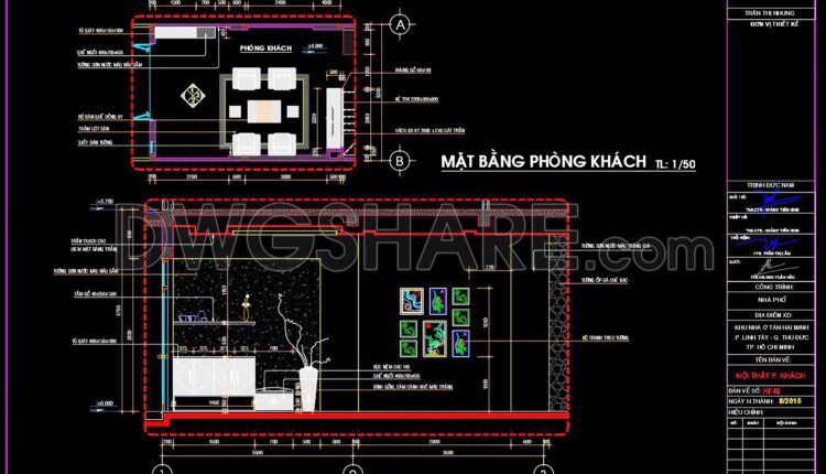 272. Detailed CAD drawings of the interior for the living room, kitchen and dining area, and bedrooms of the house
