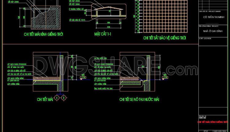 290. Detailed architectural CAD drawings of the balcony, railing, and skylight roof of the townhouse