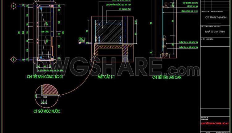 290. Detailed architectural CAD drawings of the balcony, railing, and skylight roof of the townhouse