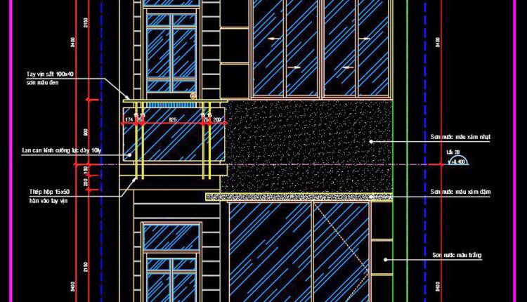 291. Detailed architectural CAD drawings of the facade, balcony, railing townhouse