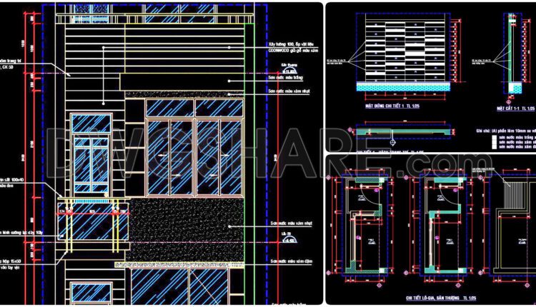 291. Detailed architectural CAD drawings of the facade, balcony, railing townhouse