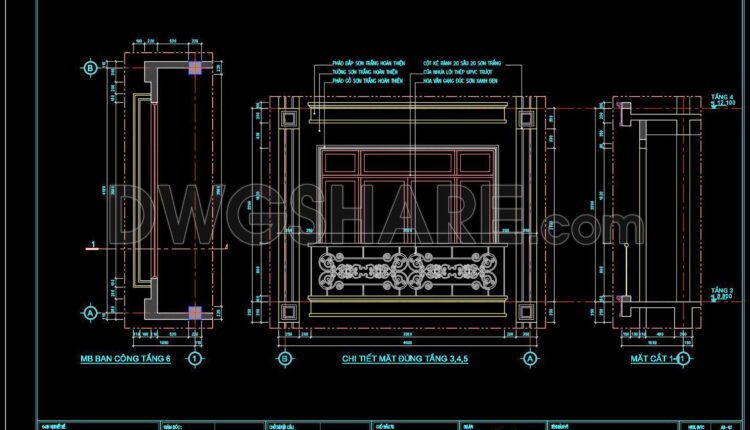 294. Detailed architectural CAD drawings of the facade, balcony, railing townhouse (2)