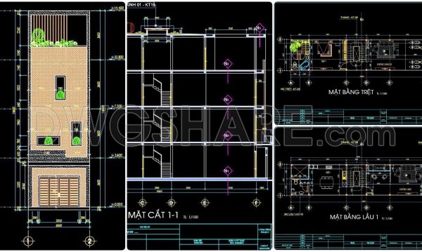 297. CAD design drawings for a 4-story townhouse with dimensions of 4.5m x 20.5m