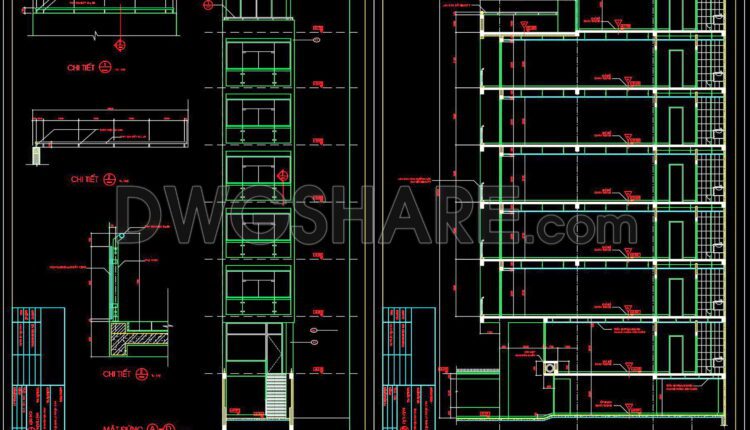 298. CAD design drawings for a 8-story townhouse with dimensions of 7m x 19.2m
