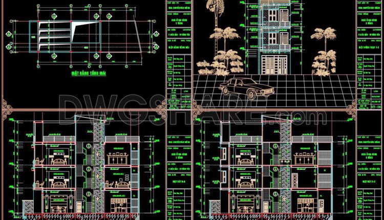 299. CAD design drawings for a 4-story townhouse with dimensions of 5m x 19m
