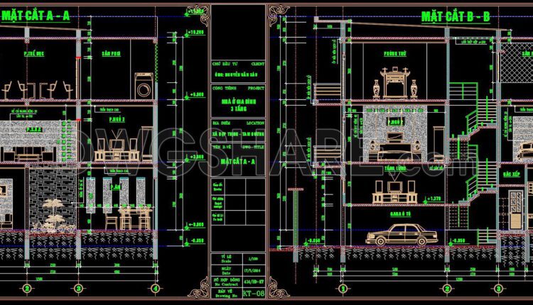 300. CAD design drawings for a 3-story townhouse with dimensions of 6.5m x 15m