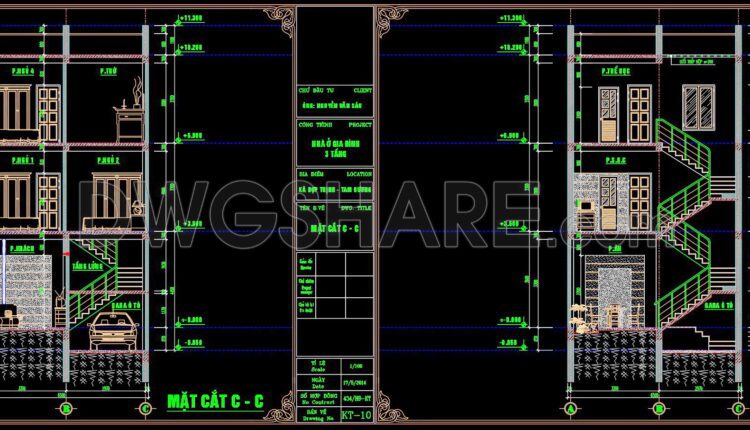 300. CAD design drawings for a 3-story townhouse with dimensions of 6.5m x 15m