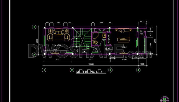 301. CAD design drawings for a 4-story townhouse with dimensions of 4m x 13.5m