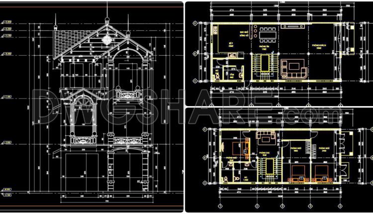 302. CAD design drawings for a 3-story townhouse with dimensions of 7m x 17m