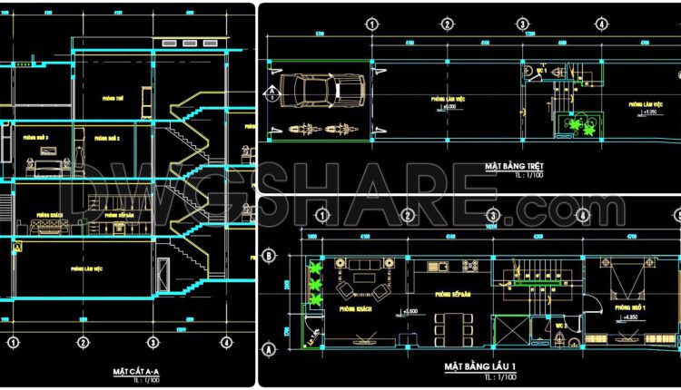 303. CAD design drawings for a 3-story townhouse with dimensions of 4.5m x 17.2m