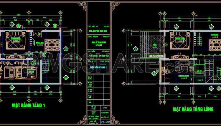304. CAD design drawings for a 3-story townhouse with dimensions of 7.7m x 12m