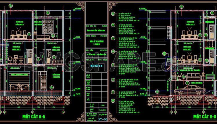 304. CAD design drawings for a 3-story townhouse with dimensions of 7.7m x 12m