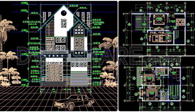 304. CAD design drawings for a 3-story townhouse with dimensions of 7.7m x 12m