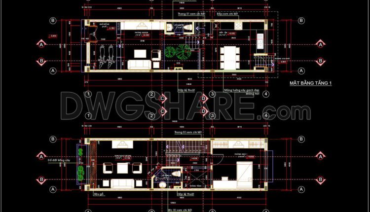 305. CAD design drawings for a 4-story townhouse with dimensions of 4m x 14m