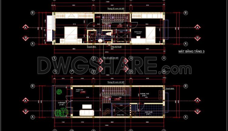 305. CAD design drawings for a 4-story townhouse with dimensions of 4m x 14m