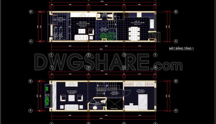 305. CAD design drawings for a 4-story townhouse with dimensions of 4m x 14m