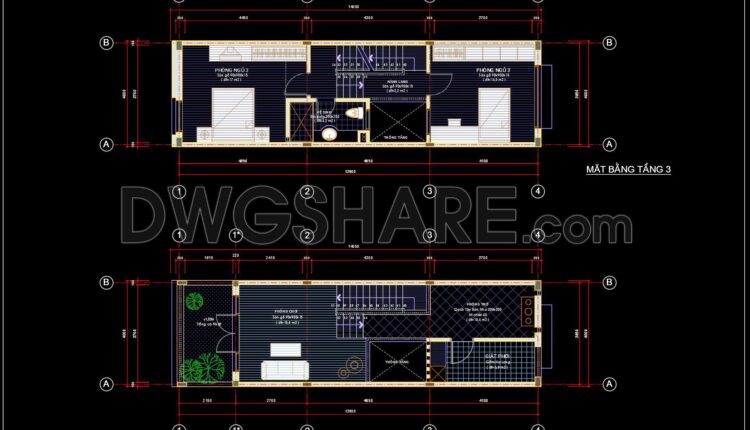 305. CAD design drawings for a 4-story townhouse with dimensions of 4m x 14m
