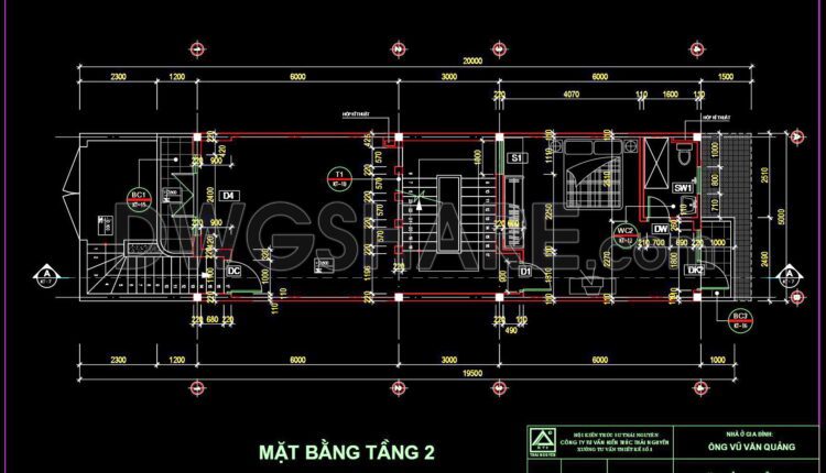 308. CAD design drawings for a 3-story townhouse with dimensions of 5m x 20m