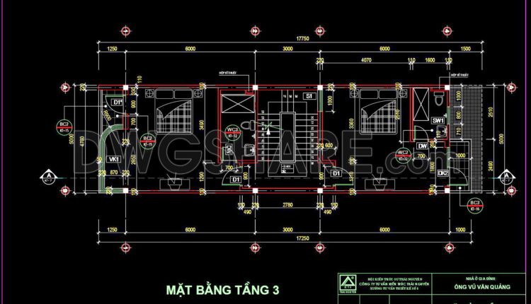308. CAD design drawings for a 3-story townhouse with dimensions of 5m x 20m