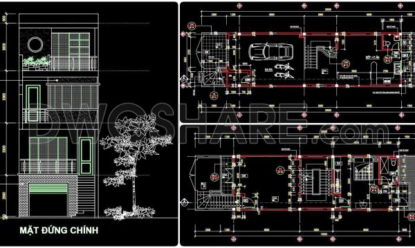 308. CAD design drawings for a 3-story townhouse with dimensions of 5m x 20m