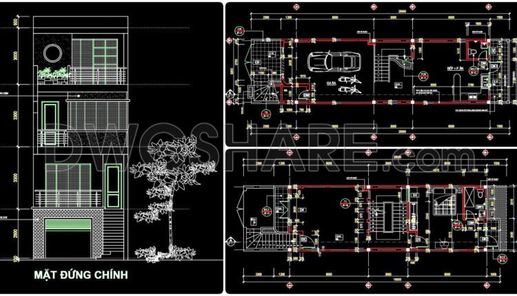 308. CAD design drawings for a 3-story townhouse with dimensions of 5m x 20m