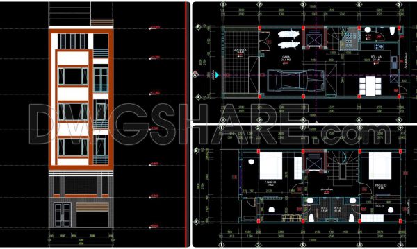 309. CAD design drawings for a 4-story townhouse with dimensions of 6m x 15m