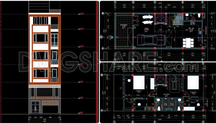 309. CAD design drawings for a 4-story townhouse with dimensions of 6m x 15m