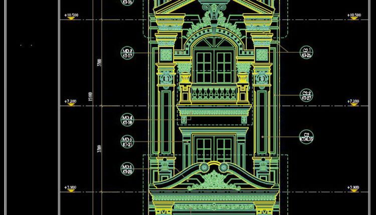 310. CAD design drawings for a 4-story townhouse with dimensions of 5m x 16.1m