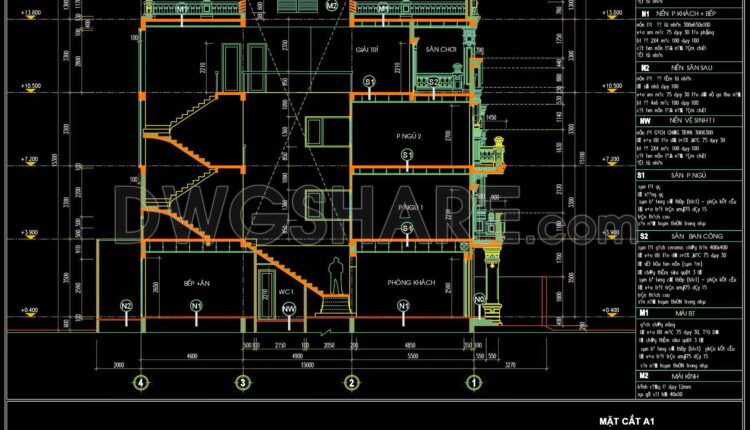 310. CAD design drawings for a 4-story townhouse with dimensions of 5m x 16.1m