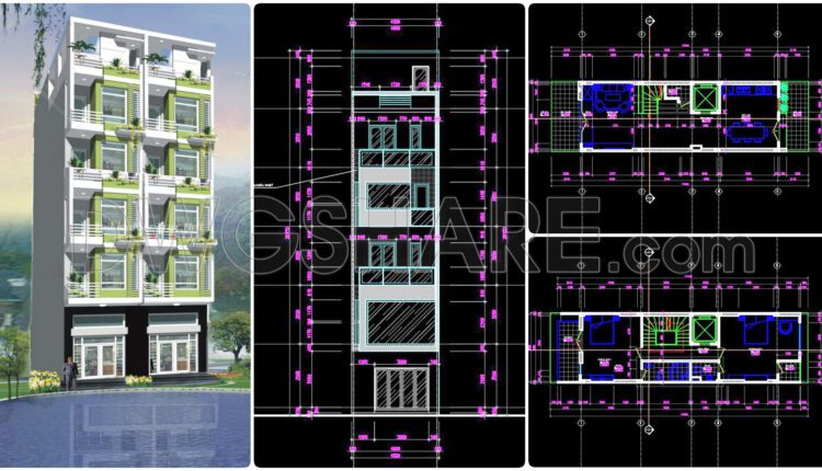 312. CAD design drawings for a 6-story townhouse with dimensions of 4.8m x 17.6m