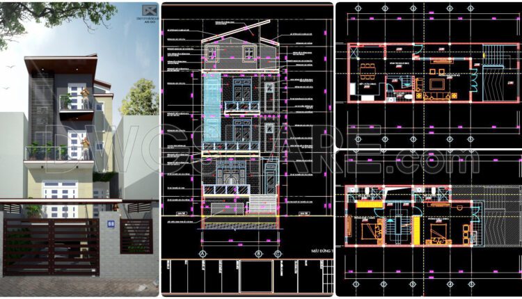 315. CAD design drawings for a 3-story townhouse with dimensions of 6.3m x 18m