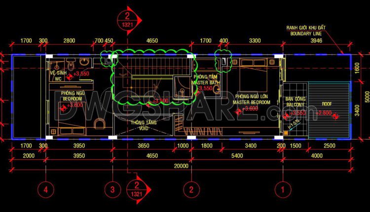 316. CAD design drawings for a 3-story townhouse with dimensions of 5m x 20m