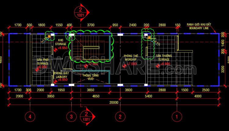 316. CAD design drawings for a 3-story townhouse with dimensions of 5m x 20m