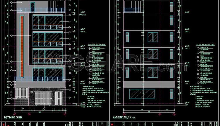 317. CAD design drawings for a 6-story townhouse with dimensions of 10m x 19.5m