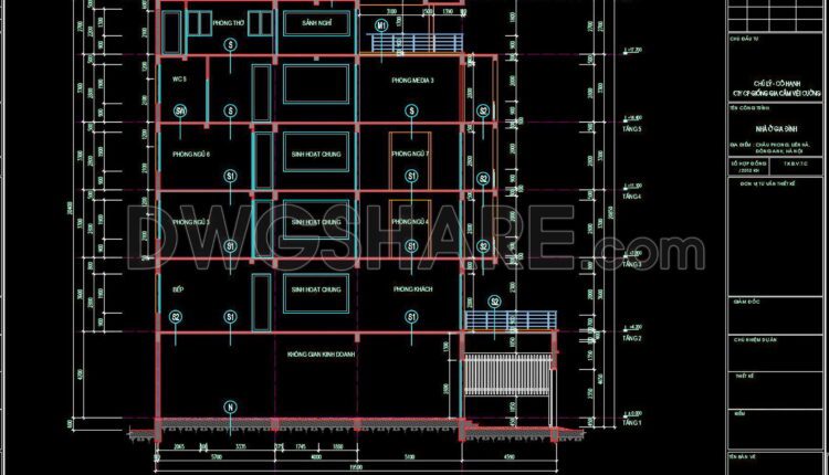 317. CAD design drawings for a 6-story townhouse with dimensions of 10m x 19.5m