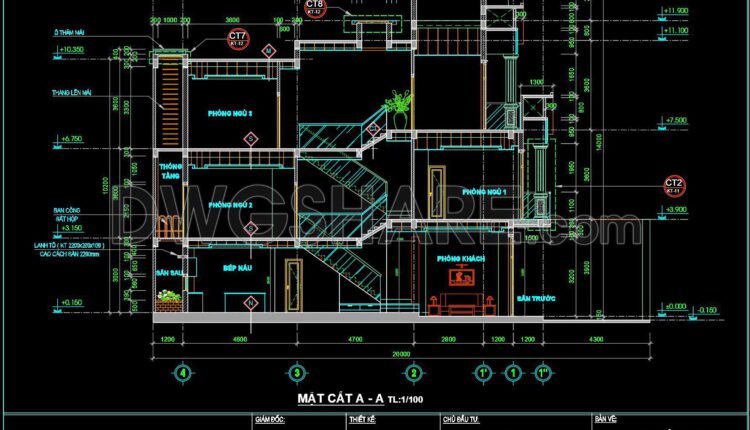318. CAD design drawings for a 3-story townhouse with dimensions of 5m x 20m