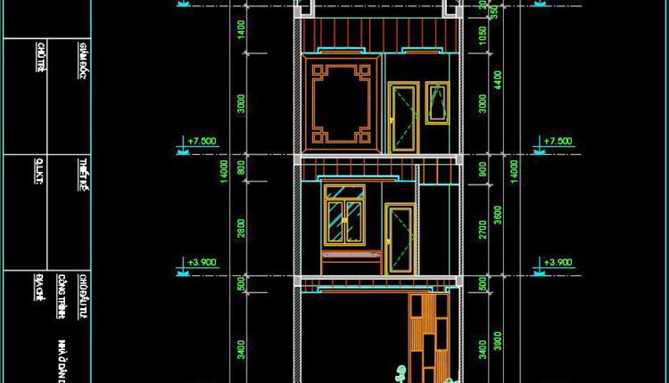 318. CAD design drawings for a 3-story townhouse with dimensions of 5m x 20m