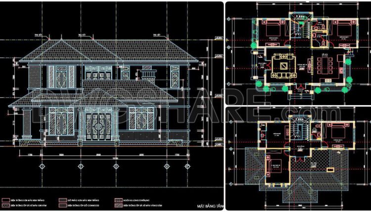 319. CAD design drawings for a 2-story townhouse with dimensions of 8.7m x 13.2m