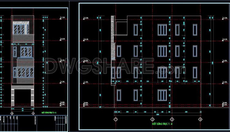 320. CAD design drawings for a 4-story townhouse with dimensions of 3.6m x 13.8m