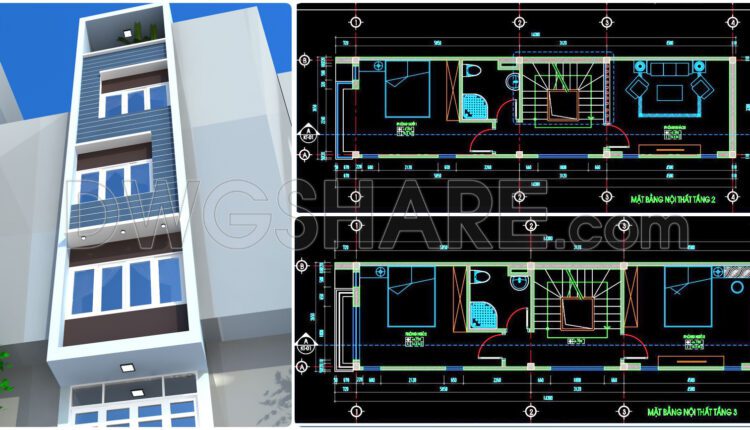 320. CAD design drawings for a 4-story townhouse with dimensions of 3.6m x 13.8m