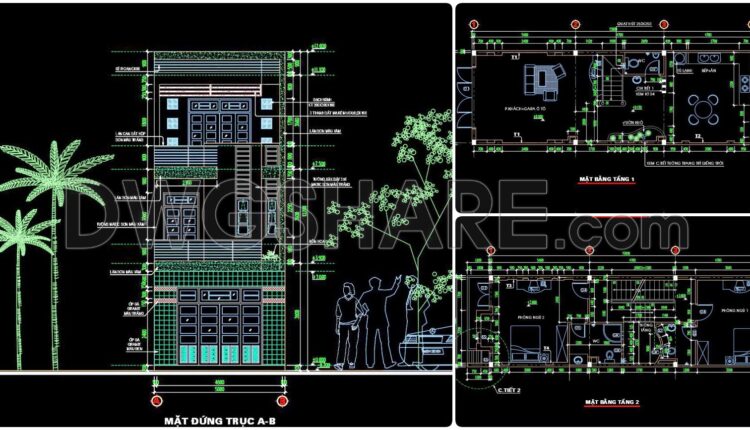 321. CAD design drawings for a 4-story townhouse with dimensions of 5m x 20m