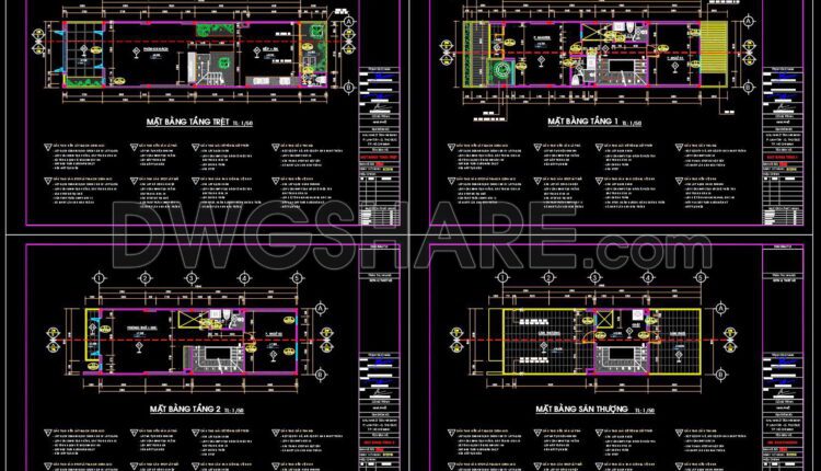 322. CAD design drawings for a 4-story townhouse with dimensions of 5m x 15m