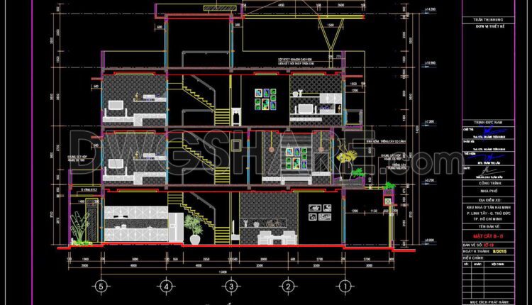322. CAD design drawings for a 4-story townhouse with dimensions of 5m x 15m