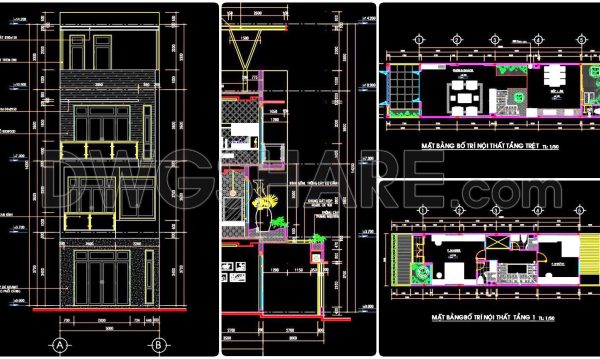 2 years ago
                

                
             1,156322. CAD design drawings for a 4-story townhouse with dimensions of 5m x 15m