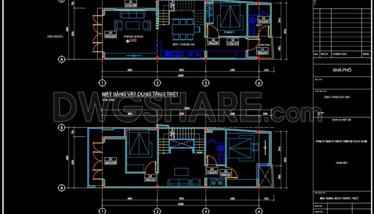 323. CAD design drawings for a 3-story townhouse with dimensions of 4.9m x 14m