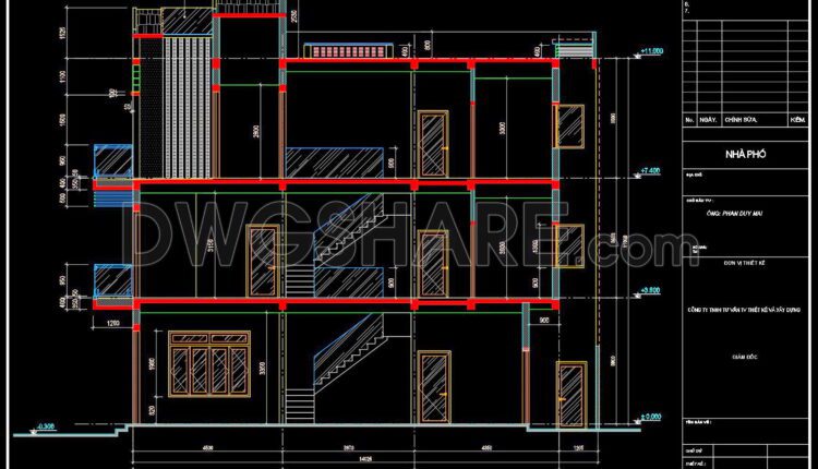 323. CAD design drawings for a 3-story townhouse with dimensions of 4.9m x 14m