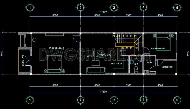 324. CAD design drawings for a 4-story townhouse with dimensions of 5m x 17.5m