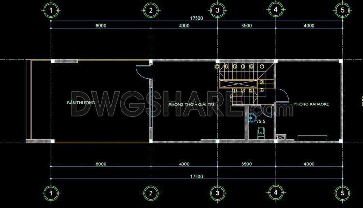 324. CAD design drawings for a 4-story townhouse with dimensions of 5m x 17.5m